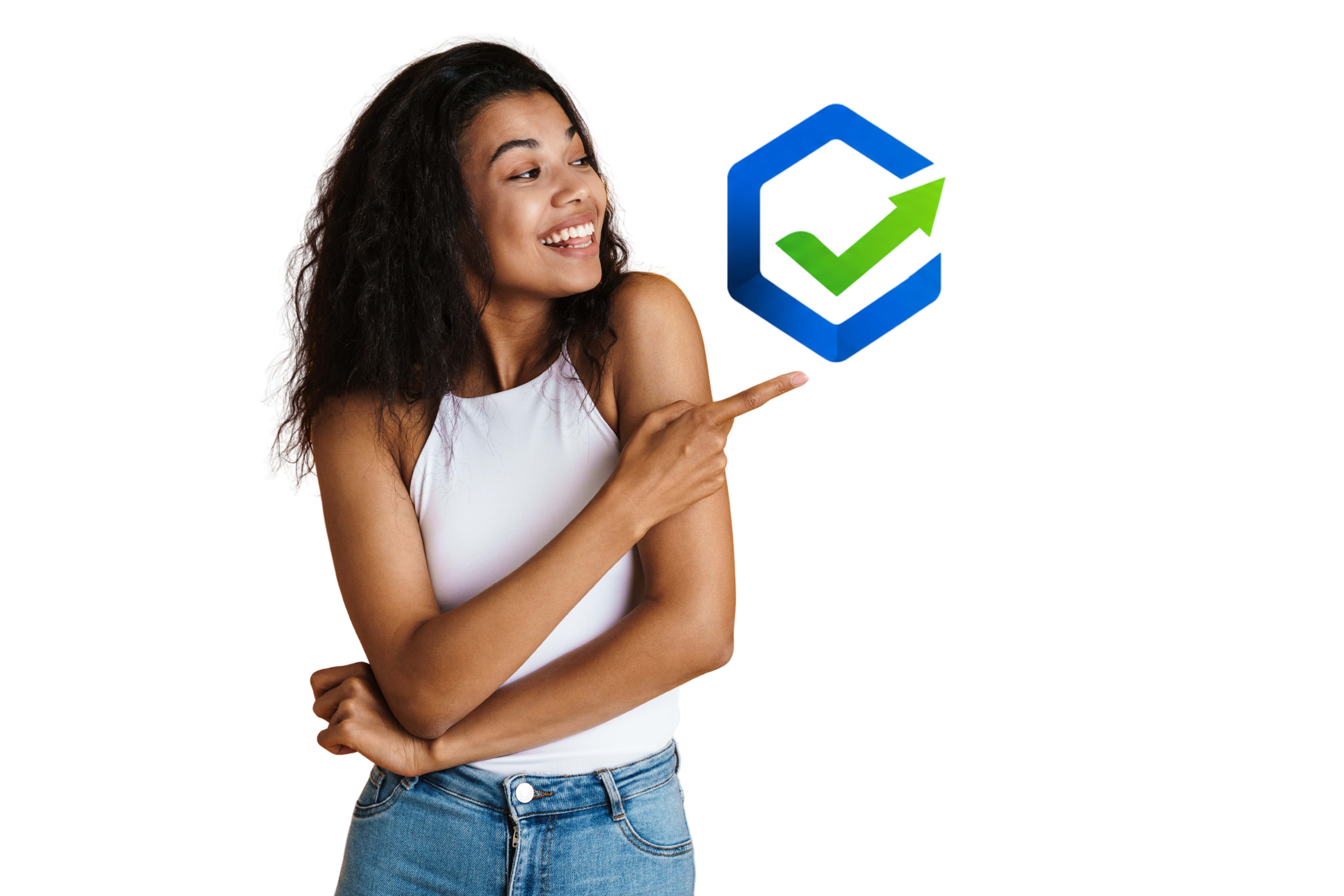 Mulher sorridente apontando para o logo Wiki Resolve